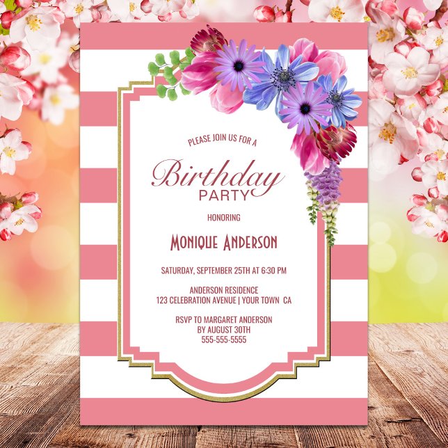 Pink Striped Floral Birthday Party Invitation (Creator Uploaded)