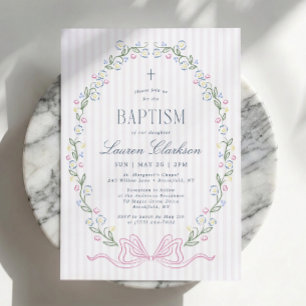 Pink Striped Floral Frame Bow Baptism Invitation