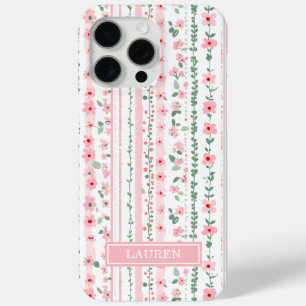 Pink Striped Floral Personalised iPhone 15 Pro Max Case