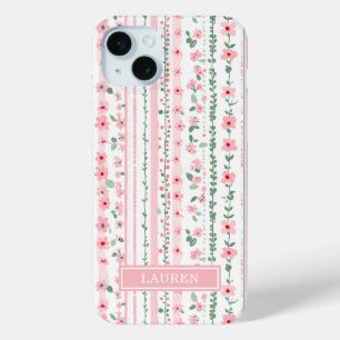 Pink Striped Floral Personalised iPhone 15 Mini Case