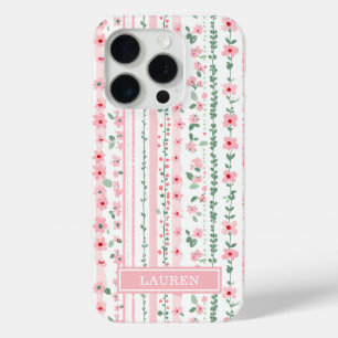 Pink Striped Floral Personalised iPhone 15 Pro Case