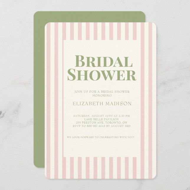 Pink Striped Green Retro Bridal Shower Invitation (Front/Back)