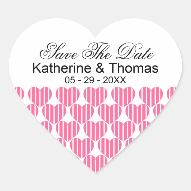Pink Striped Hearts Save The Date Stickers (Front)