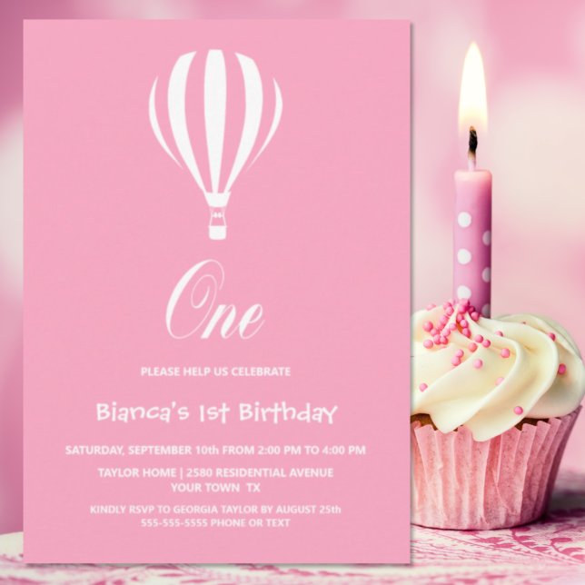 Pink Striped Hot Air Balloon 1st Birthday Party Invitation (Creator Uploaded)