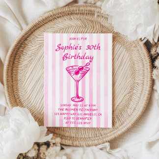 Pink Striped Martini 30th Birthday – Chic Adult Invitation