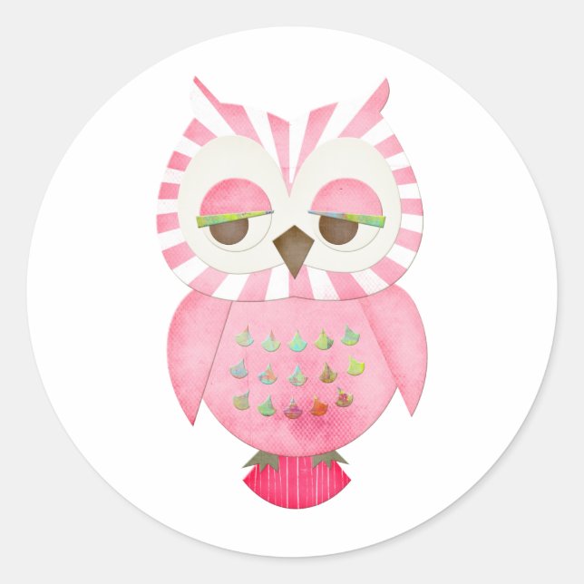 Pink Striped Owl Classic Round Sticker (Front)