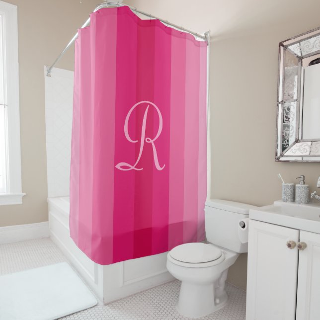 Pink Striped Pale Pink Monogram Shower Curtain (In Situ)