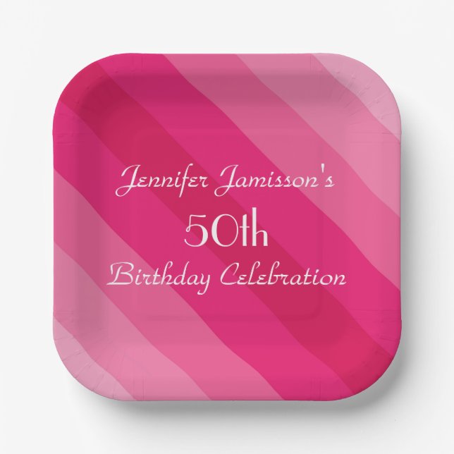 Pink Striped Paper Plates, 50th Birthday Party Plate (Front)