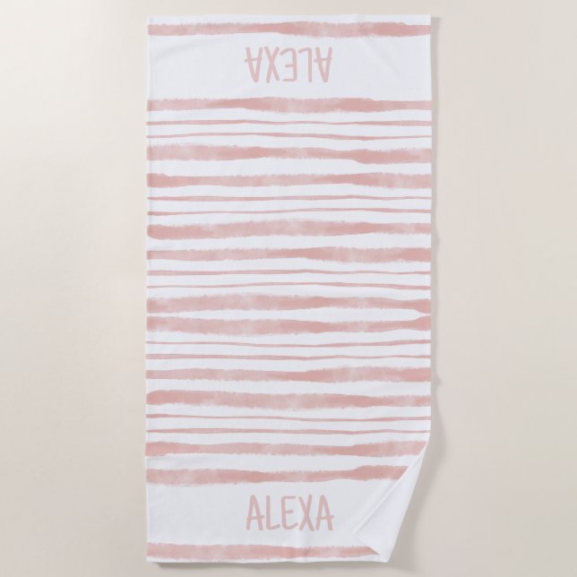 Pink Striped Personalised Name Beach Towel (Front)