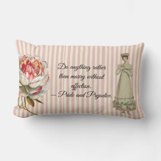 Pink Striped Pride and Prejudice quote Lumbar Cushion
