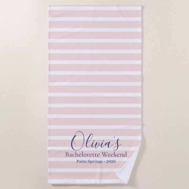 Pink Striped Retro Bachelorette Weekend Beach Towel (Front)
