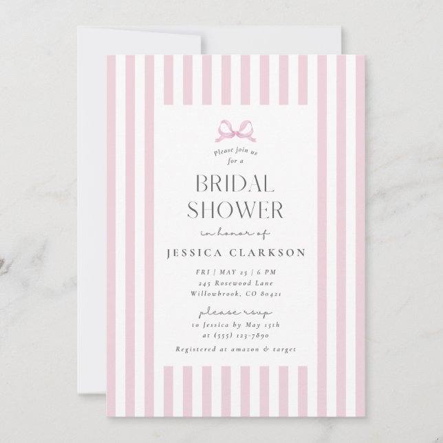Pink Striped Small Bow Preppy Bridal Shower  Invitation (Front)