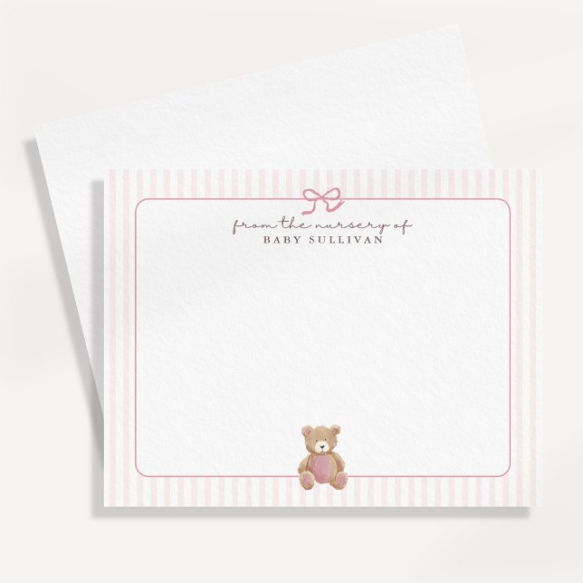Pink Striped Teddy Bear Nursery Note Card (Creator Uploaded)