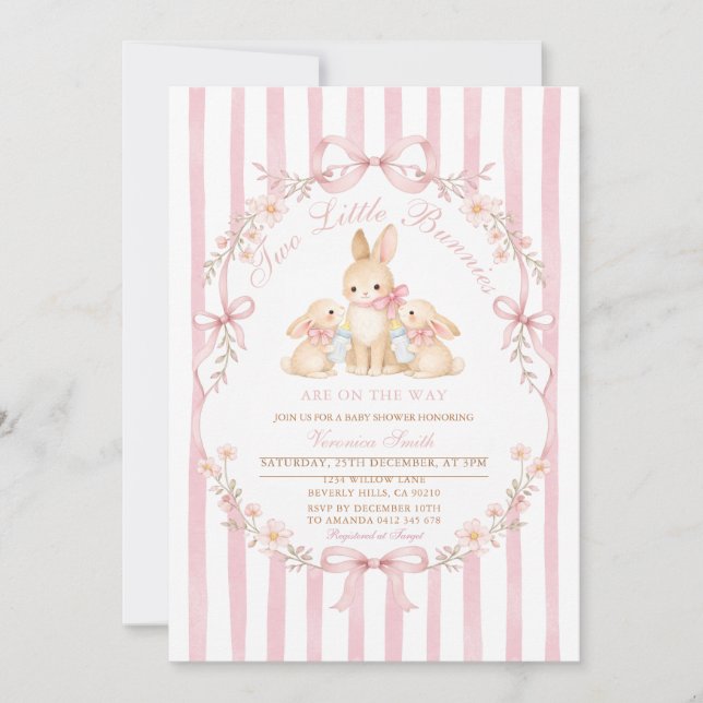 Pink Striped Twins Bunnies Baby Shower Invitation (Front)