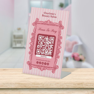 Pink Striped Vintage Frame Salon Scan to Pay Pedestal Sign