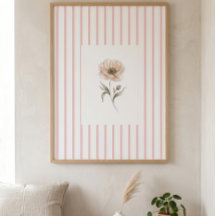 Pink Striped Wall Art Print with Watercolor Rose
