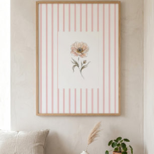 Pink Striped Wall Art Print with Watercolor Rose