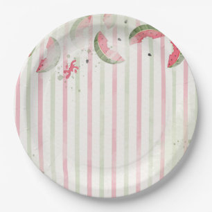 Pink Striped Watermelon First Birthday Party Invit Paper Plate
