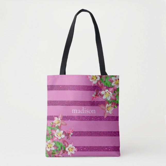 Pink Stripes and Flowers Personalised Tote Bag (Front)