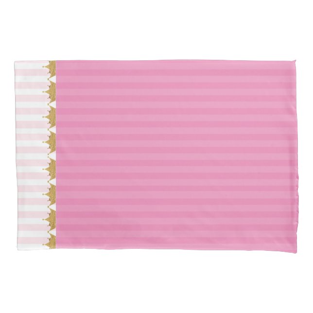 Pink Stripes and Gold Crowns Pillow Case (Front)