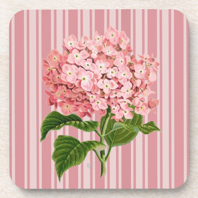 Pink Stripes and Hydrangea Hard Plastic Coaster (Front)