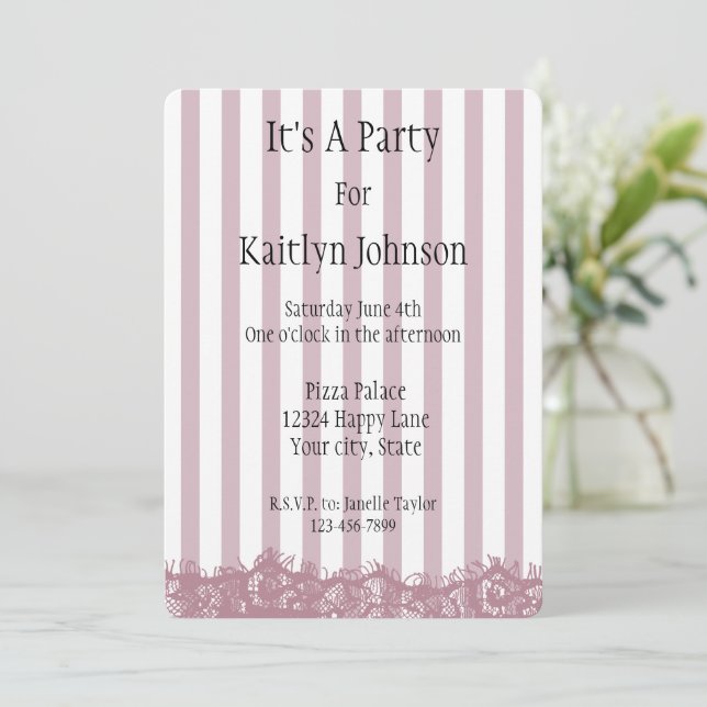 Pink Stripes and Lace Birthday Invitation (Standing Front)