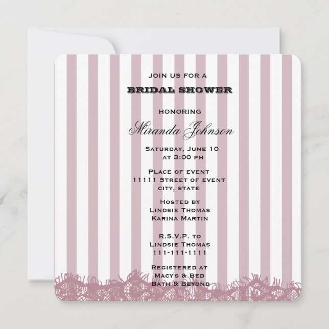 Pink Stripes and Lace Bridal Invitation (Front)