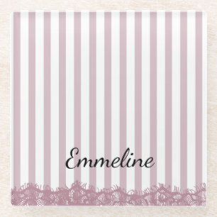 Pink Stripes and Lace  Glass Coaster