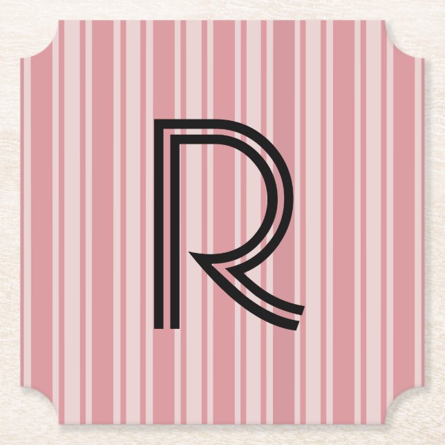 Pink Stripes and Monogram Paper Coaster (Front)