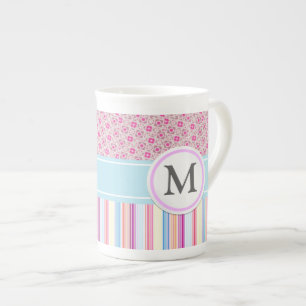 Pink stripes and pattern bone china mug