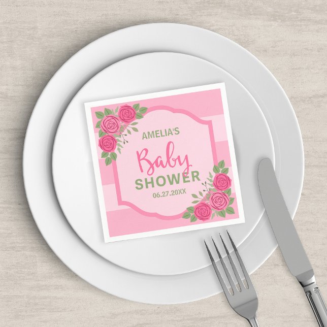 Pink Stripes and Roses Girl Baby Shower Napkin (Creator Uploaded)