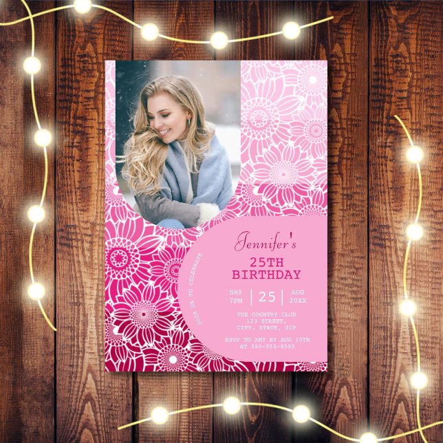 Pink Stripes Arch Photo Floral Birthday  Invitation (Creator Uploaded)
