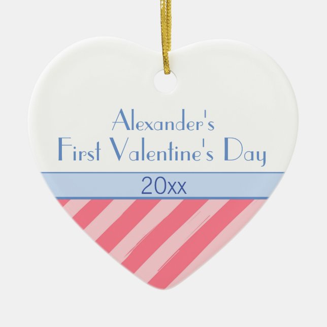 Pink Stripes Baby Boy Photo First Valentine's Day Ceramic Tree Decoration (Front)