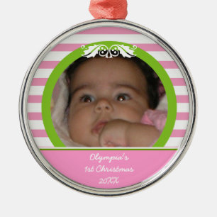 Pink stripes Baby’s 1st Christmas photo Ornament