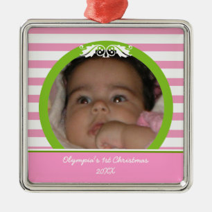 Pink stripes Baby’s 1st Christmas photo Ornament