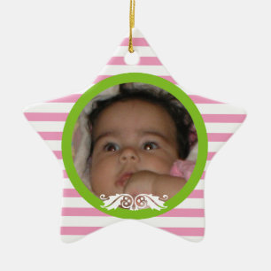Pink stripes Baby’s 1st Christmas photo Ornament