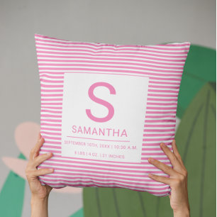 Pink Stripes Birth Stats Newborn Baby Throw Pillow