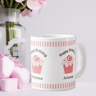 Pink Stripes Birthday Cupcake Large Coffee Mug