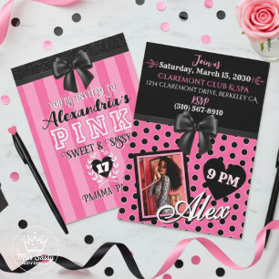 PINK Stripes Black Birthday Party Any Age Photo Invitation
