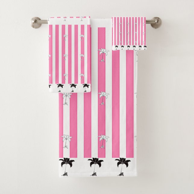 Pink Stripes Black Floral  Bath Towel Set (Insitu)