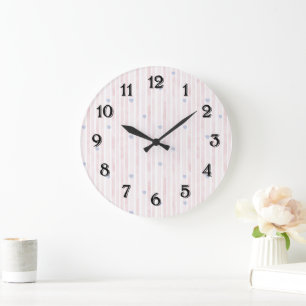 Pink Stripes Blue Hearts   Large Clock