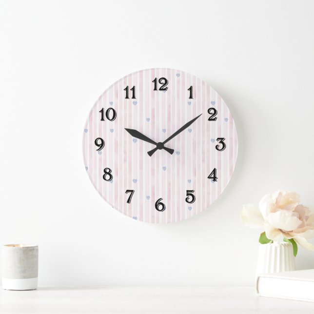 Pink Stripes Blue Hearts   Large Clock (Home)