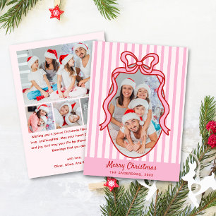 Pink Stripes & Bow Frame Christmas 5 Photo Holiday Card