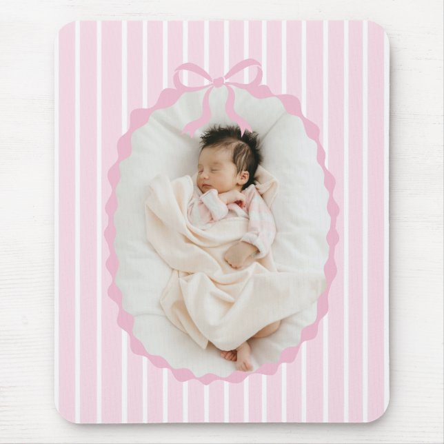 Pink Stripes Bow Frame Custom Photo Mousepad (Front)