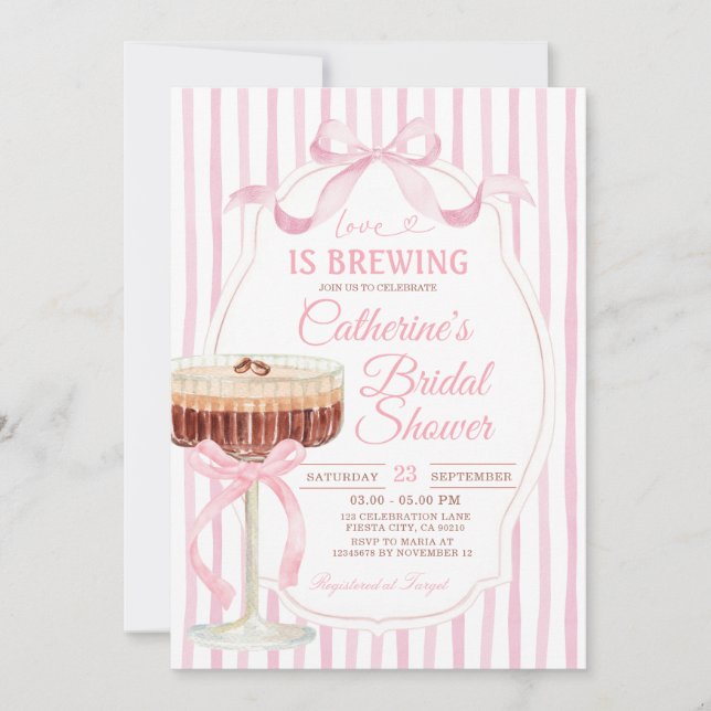 Pink Stripes Bow Love Is Brewing Bridal Shower  Invitation (Front)