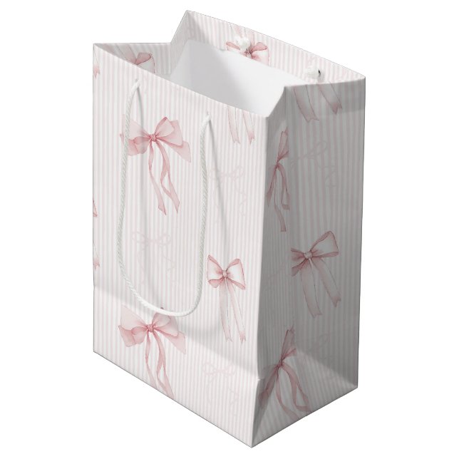 Pink Stripes Bows Birthday Medium Gift Bag (Front Angled)