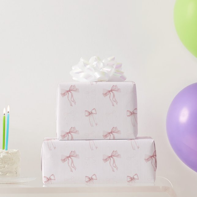 Pink Stripes Bows Birthday Wrapping Paper (Party Gifts)