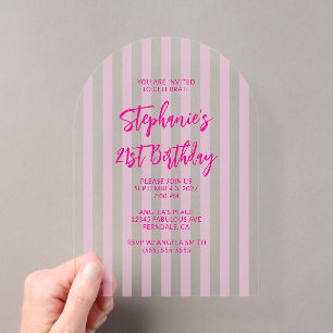 Pink Stripes Brush Script 21st Birthday Acrylic Invitations