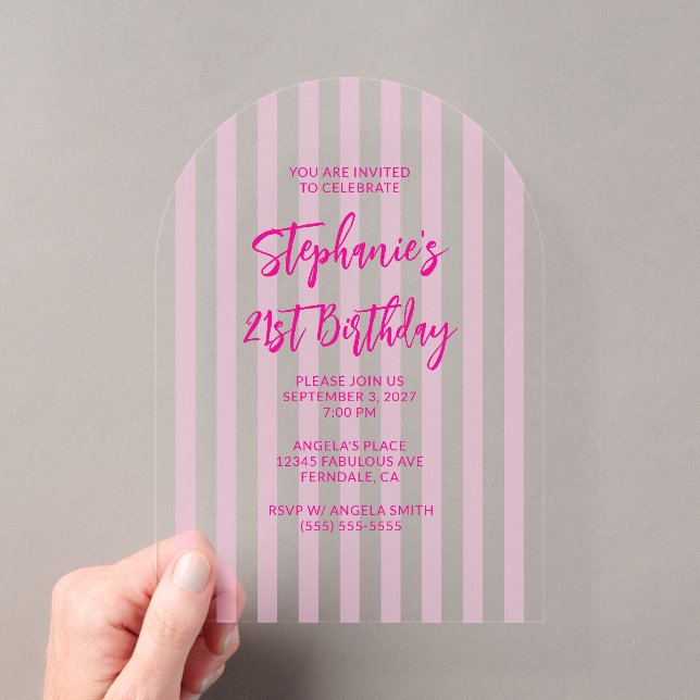 Pink Stripes Brush Script 21st Birthday Acrylic Invitations (Insitu (Handheld))