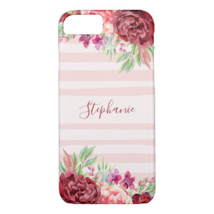 Pink Stripes Burgundy Floral Monogram Case-Mate iPhone Case